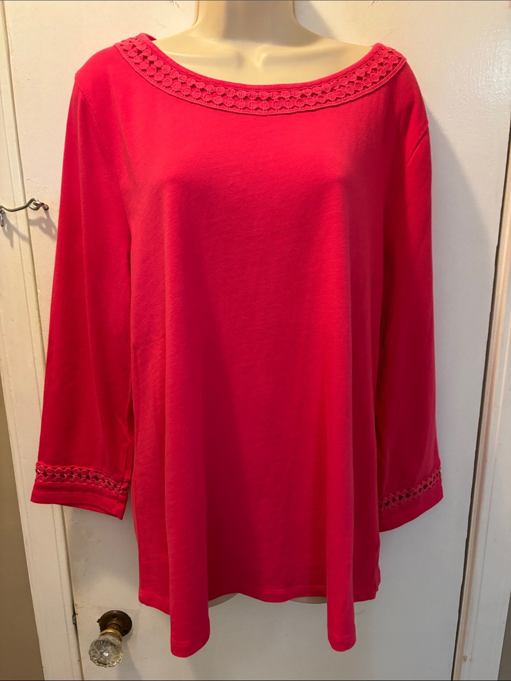 Talbots XL lace Trim Long Sleeve Top cotton Hot Pink 26-338